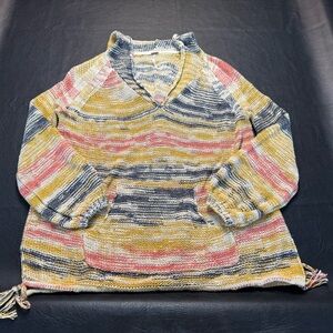 Free People Baja Stripe Knit Hoodie Sweater Boho Cotton Linen Pullover Small